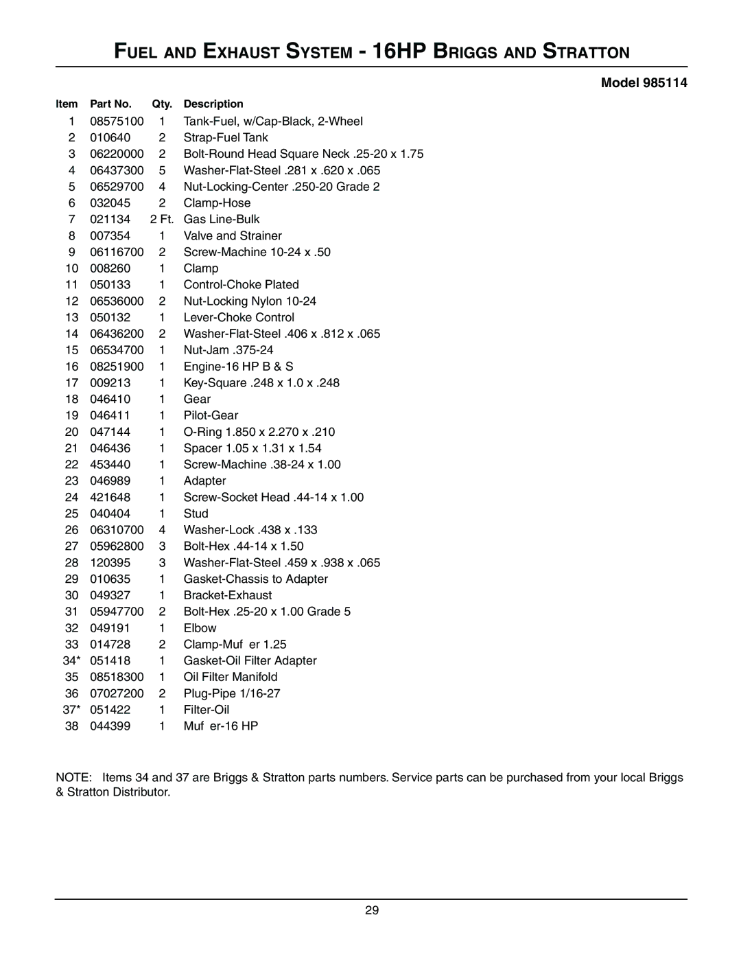 Gravely 08499200B, 985114, 985115, 985117, 985119, 985312, 985307, 985309 manual Fuel and Exhaust System 16HP Briggs and Stratton 