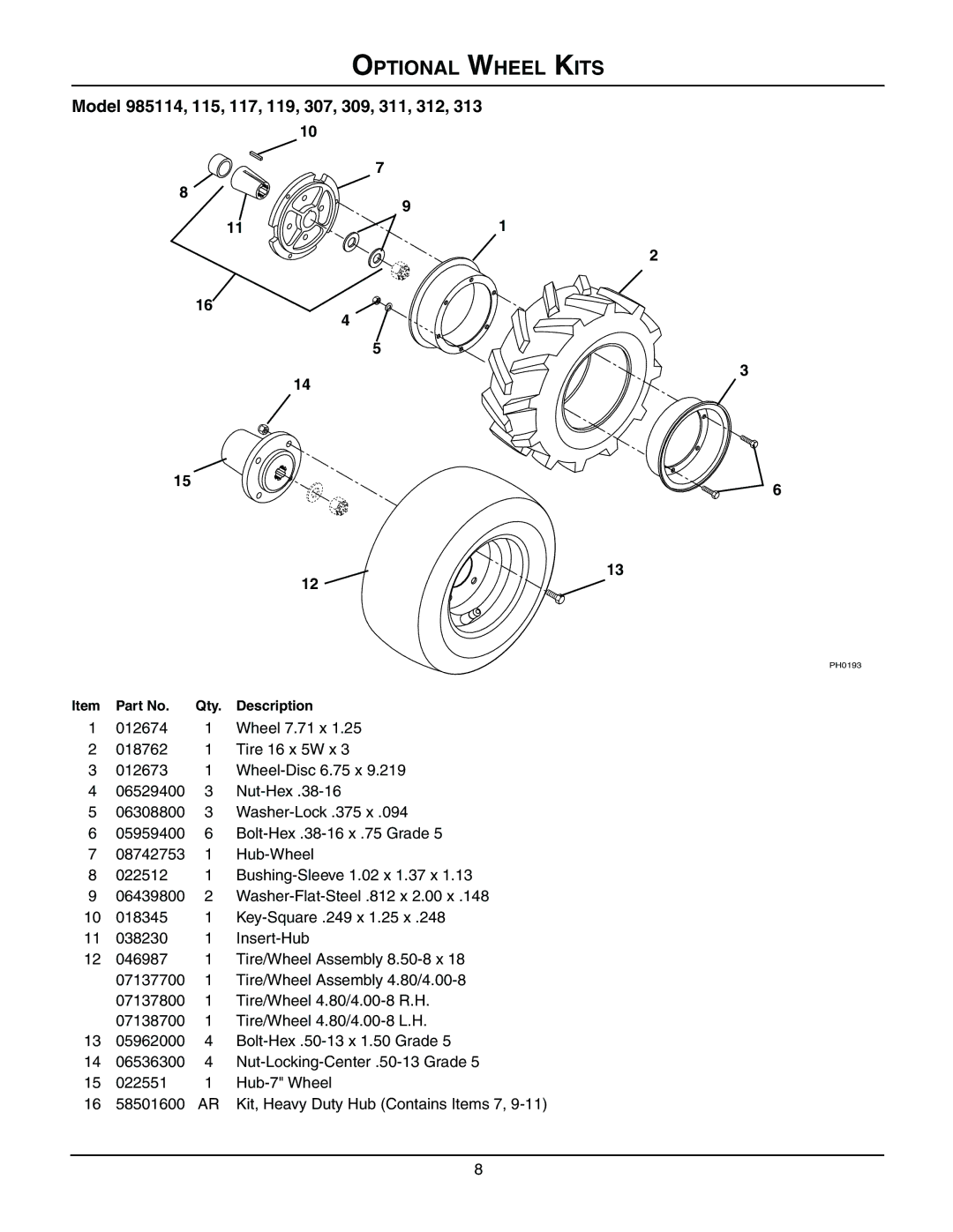 Gravely 985313, 985114, 985115, 985117, 985119, 985312, 985307, 985309, 985311, 08499200B manual Optional Wheel Kits 