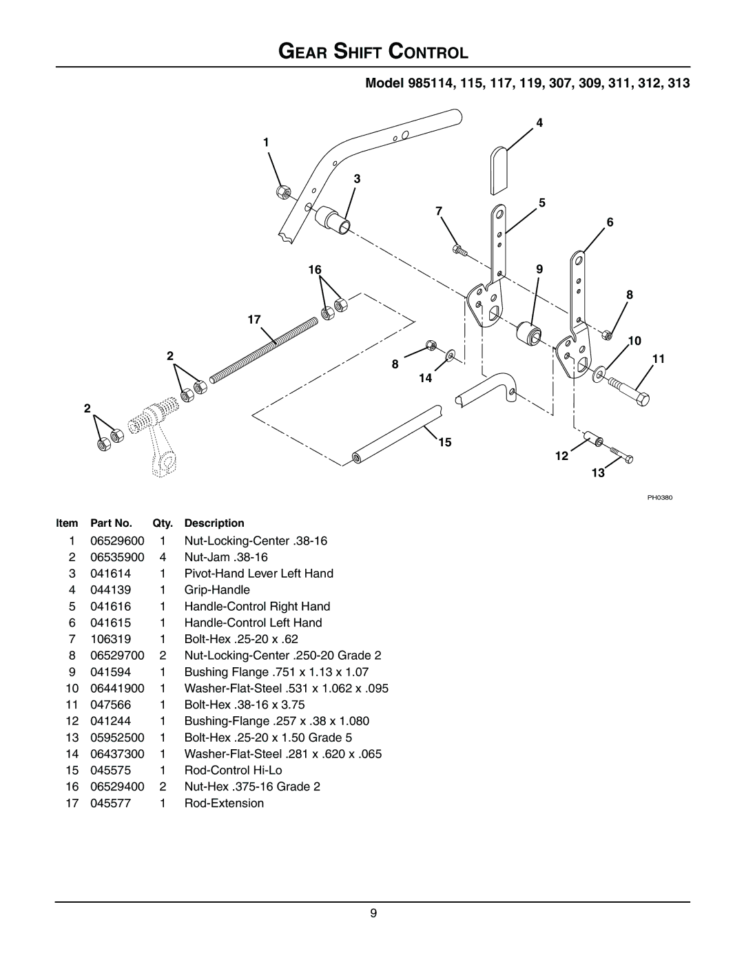 Gravely 08499200B, 985114, 985115, 985117, 985119, 985312, 985307, 985309, 985311, 985313 manual Gear Shift Control 