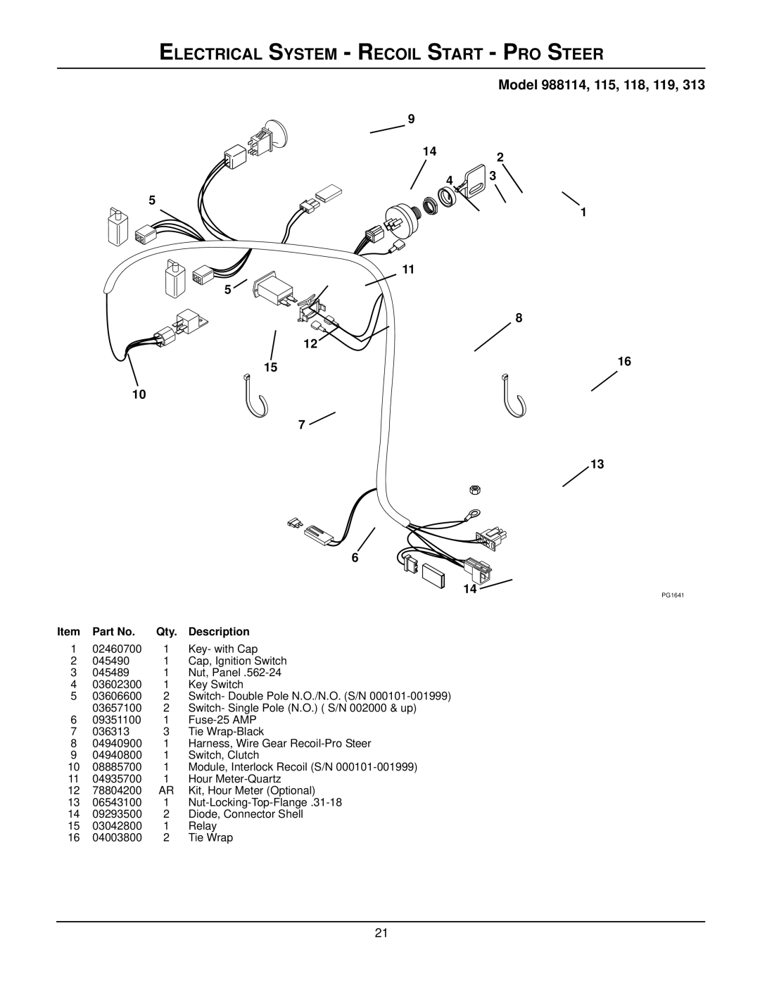 Gravely 988112, 988102, 988118, 988101, 988311, 988119 Electrical System Recoil Start PRO Steer, Model 988114, 115, 118, 119 