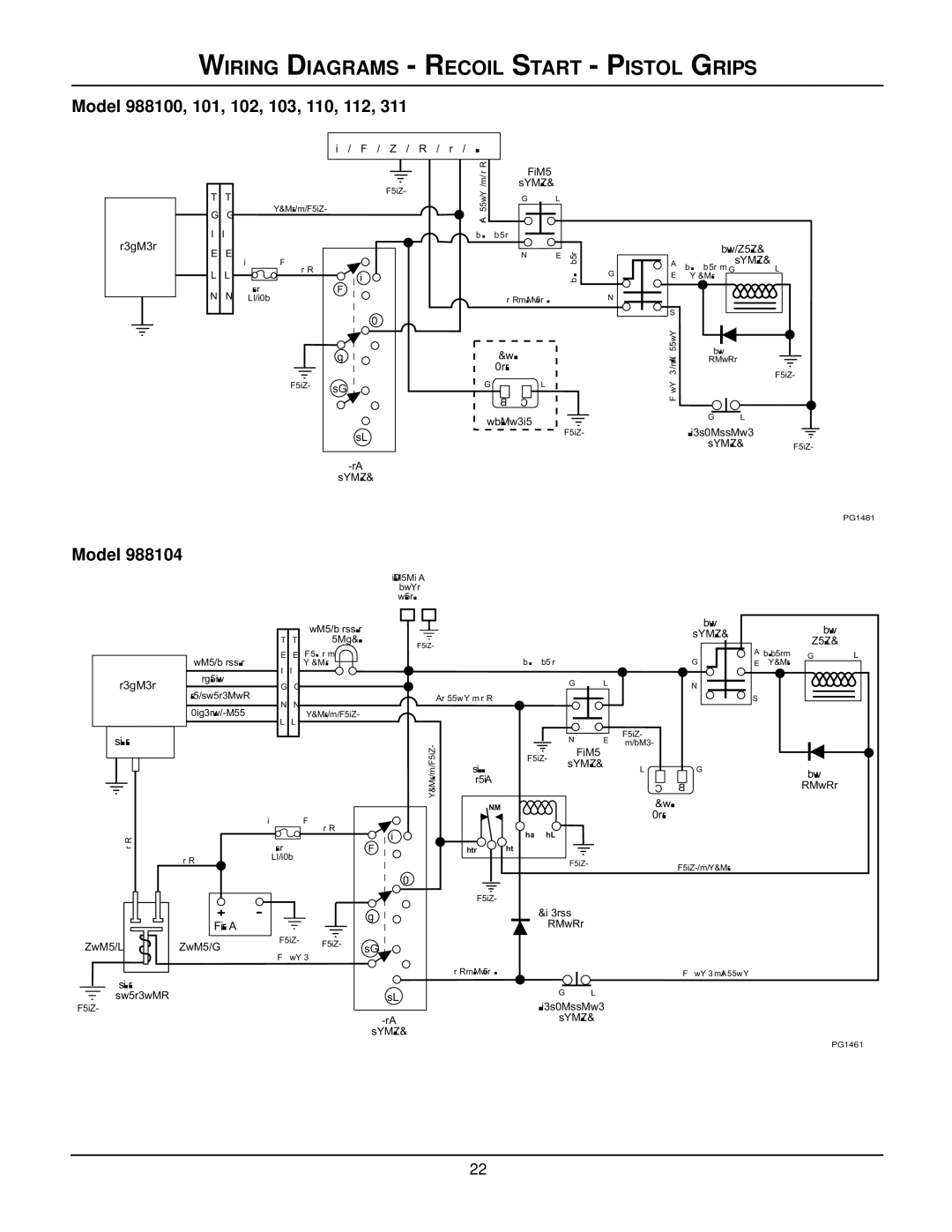 Gravely 988104, 988102, 988118, 988101, 988311, 988119, 988115, 988313, 988110 Wiring Diagrams Recoil Start Pistol Grips, Engine 