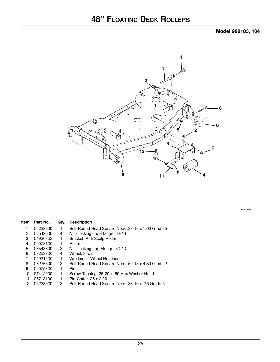 Gravely 988102, 988118, 988101, 988311, 988119, 988115, 988313, 988110, 988112, 988104 manual Floating Deck Rollers, Model 988103 