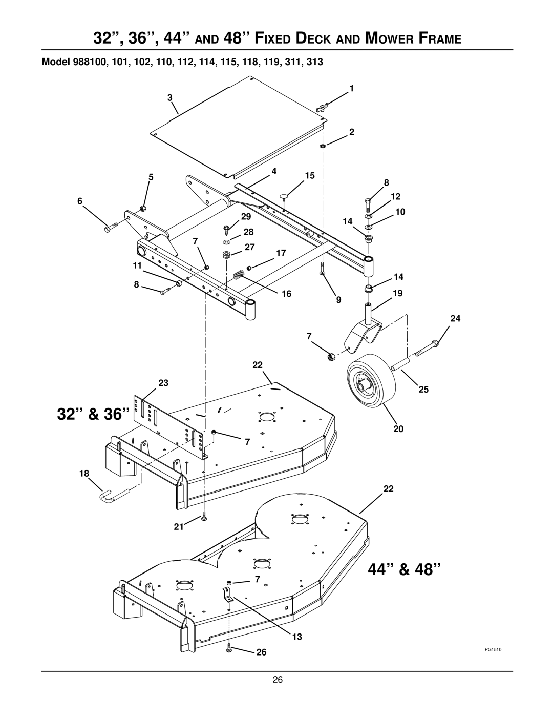 Gravely 988102 32, 36, 44 and 48 Fixed Deck and Mower Frame, Model 988100, 101, 102, 110, 112, 114, 115, 118, 119, 311 