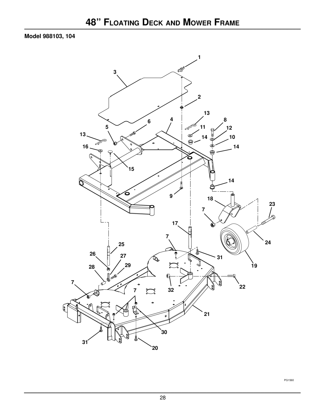 Gravely 988101, 988102, 988118, 988311, 988119, 988115, 988313, 988110, 988112, 988104 Floating Deck and Mower Frame, Model 988103 