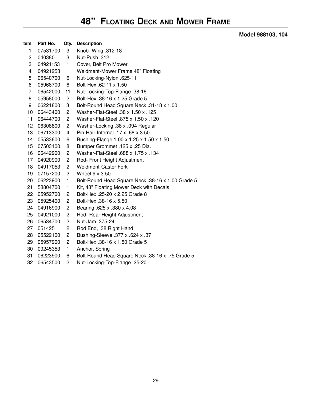 Gravely 988311, 988102, 988118, 988101, 988119, 988115, 988313, 988110, 988112, 988104, 988114, 988100 Floating Deck and Mower Frame 