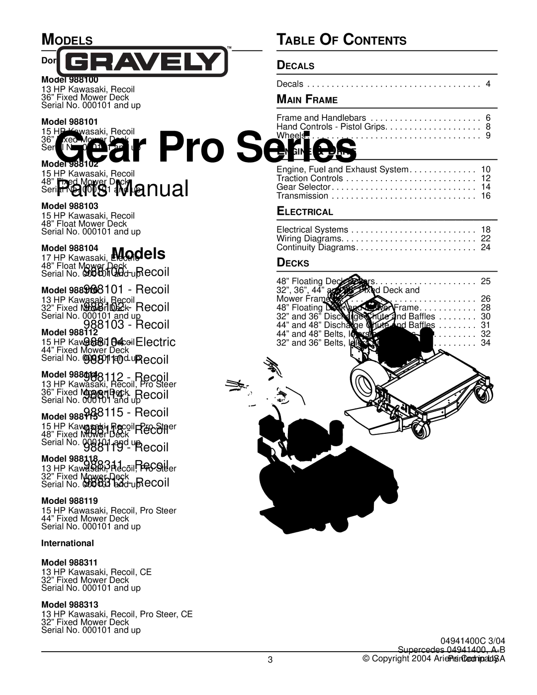 Gravely 988311, 988102, 988118, 988101, 988119, 988115, 988313, 988110, 988112, 988104, 988114, 988100 Models, Table of Contents 