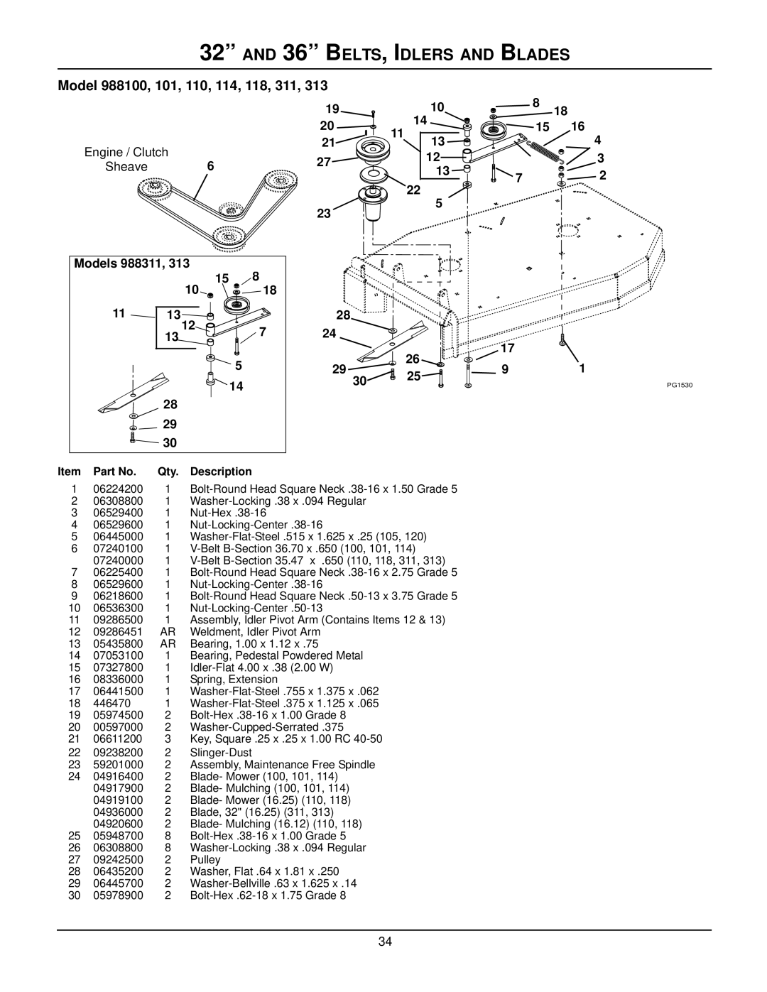 Gravely 988112, 988102, 988118, 988101, 988119, 988115, 988313 BELTS, Idlers and Blades, Engine / Clutch Sheave Models 988311 