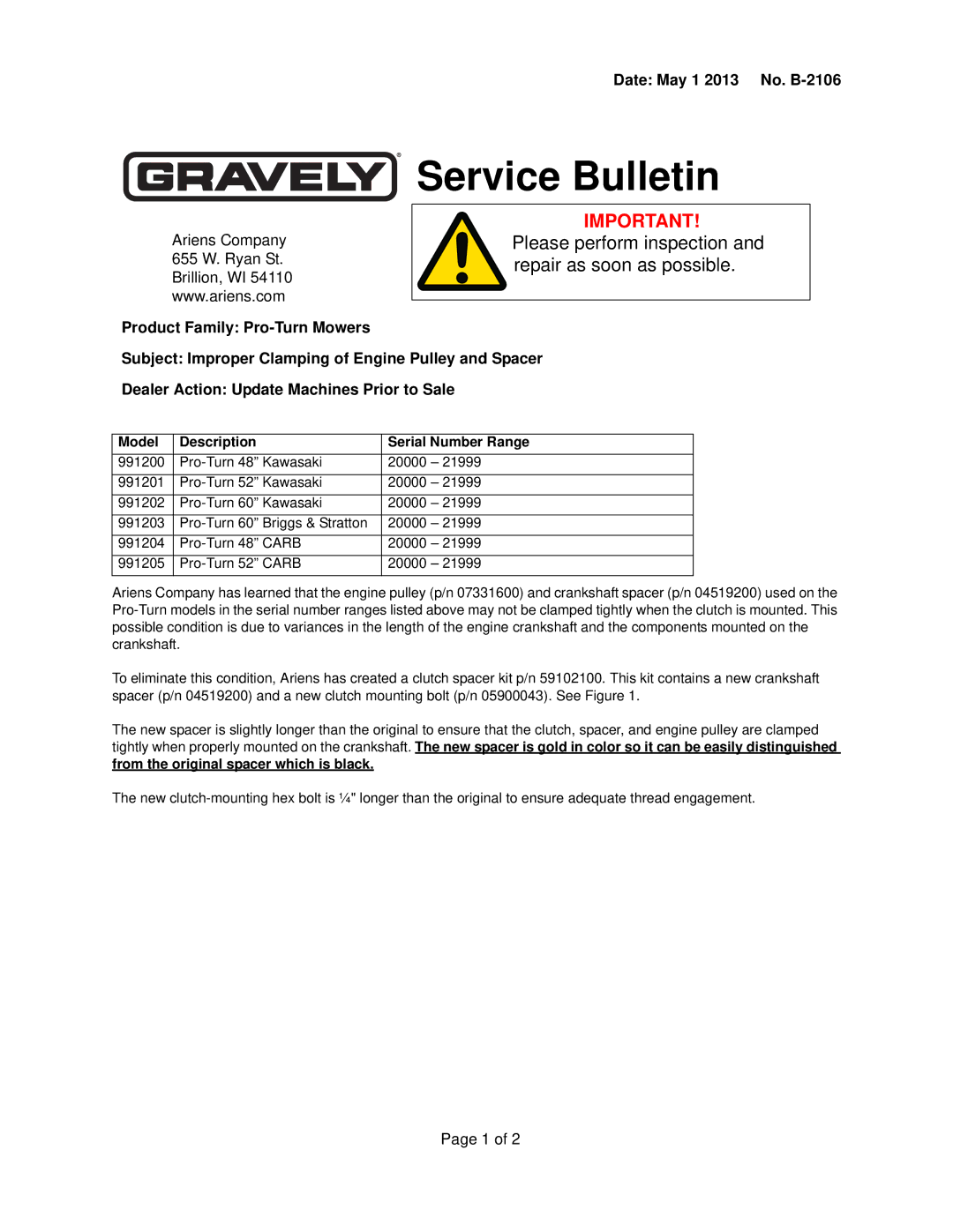 Gravely 991204, 991205, 991203, 991202, 991201, 991200 manual Service Bulletin, Model Description Serial Number Range 