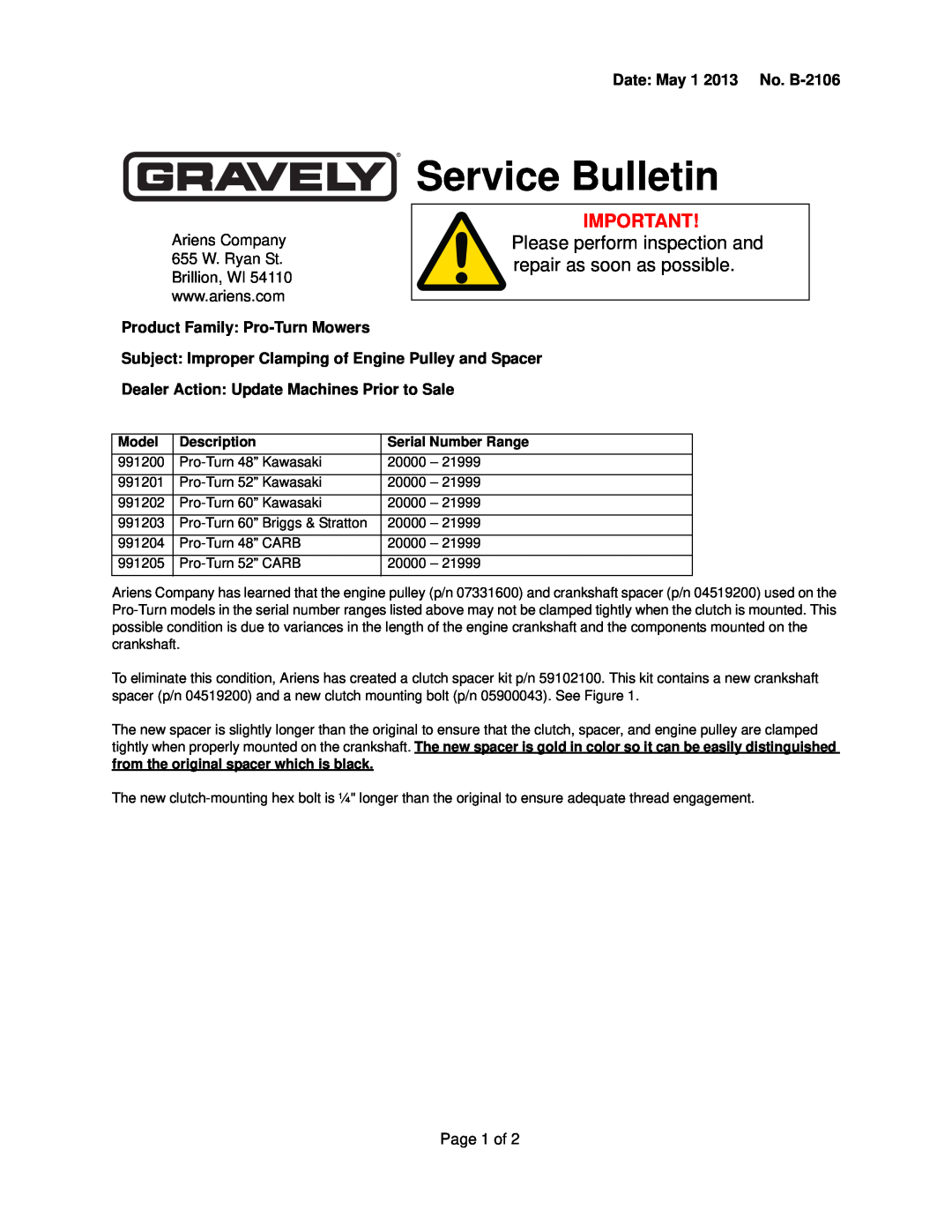 Gravely 991204 manual Date May 1 2013 No. B-2106, Product Family Pro-Turn Mowers, Service Bulletin, Model, Description 