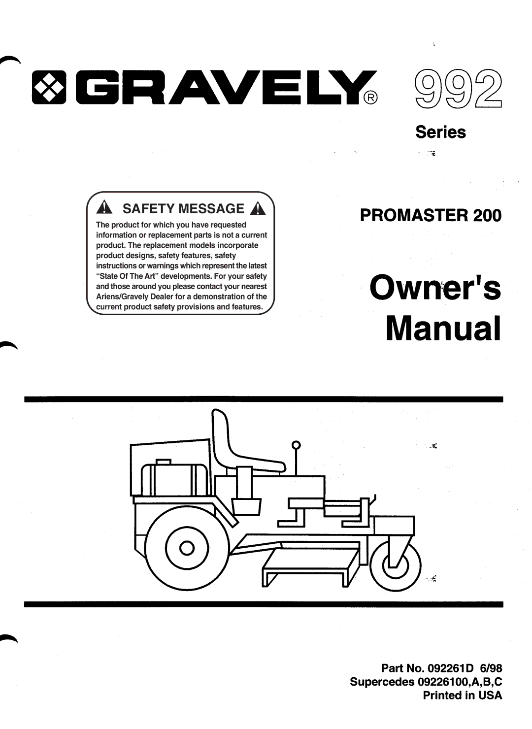 Gravely 992 manual Safety Message 