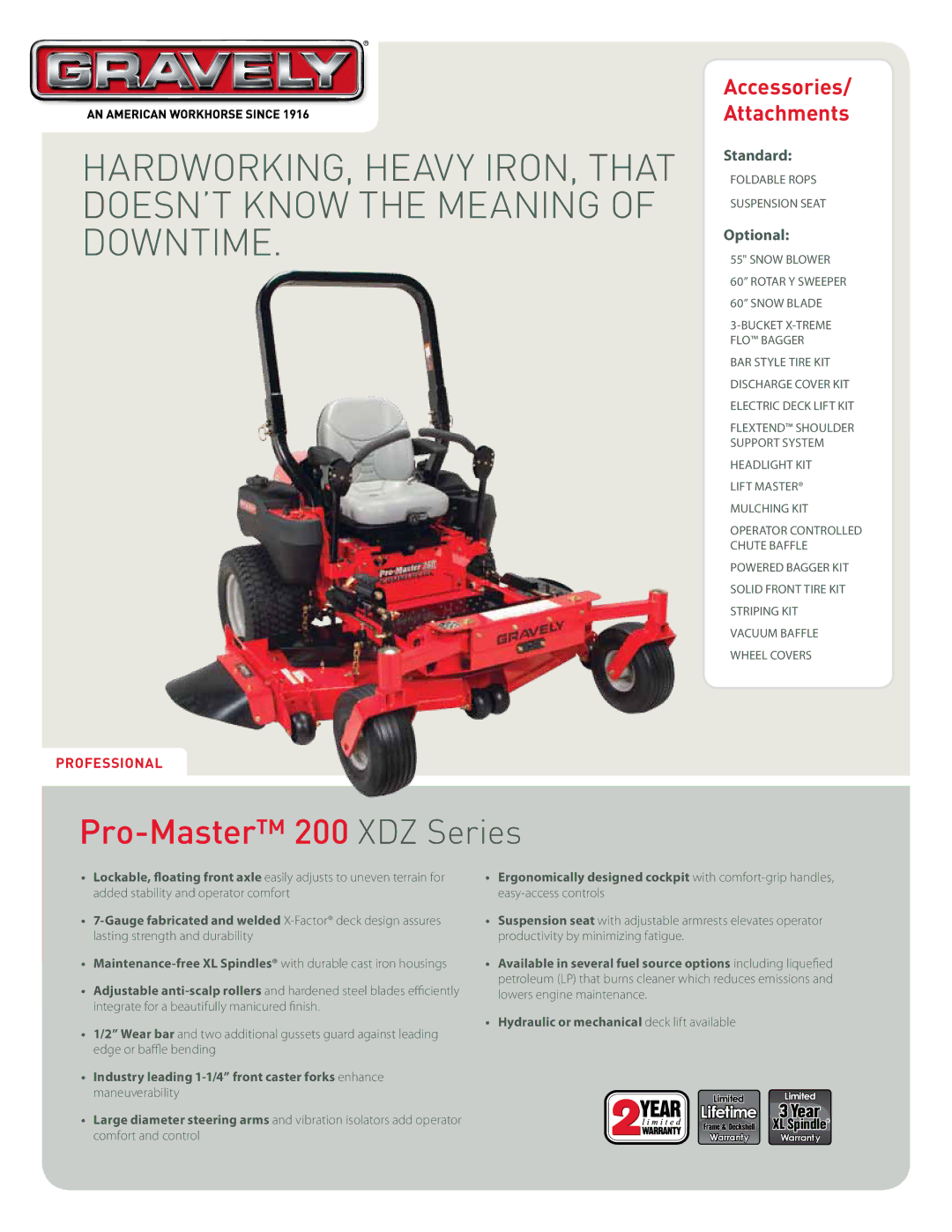 Gravely 992190, 992195, 992189, 992187 warranty Pro-Master 200 XDZ Series, Accessories/ Attachments, Standard, Optional 