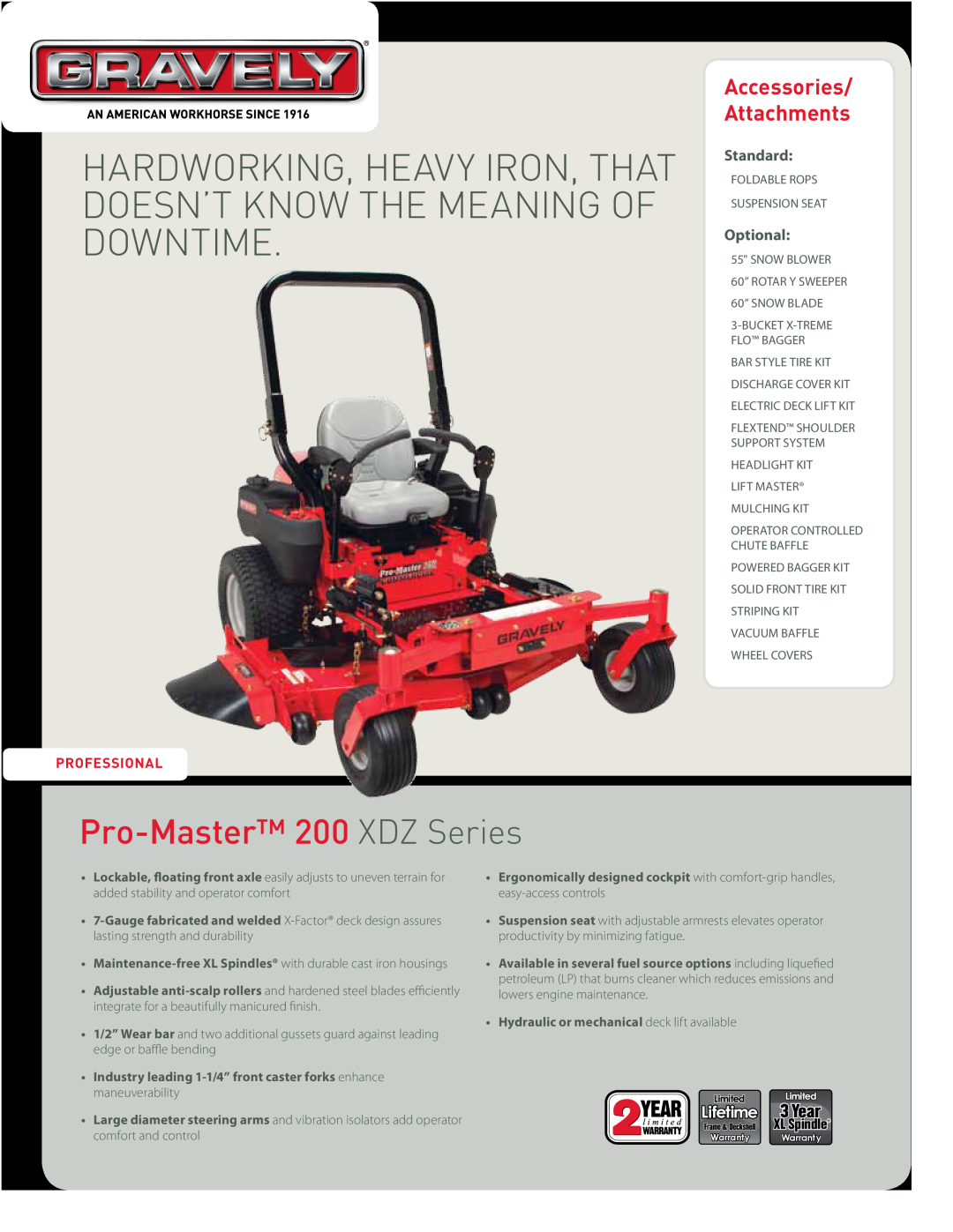 Gravely 992190, 992195 warranty Pro-Master200 XDZ Series, Accessories/ Attachments, Year, Standard, Optional, Professional 