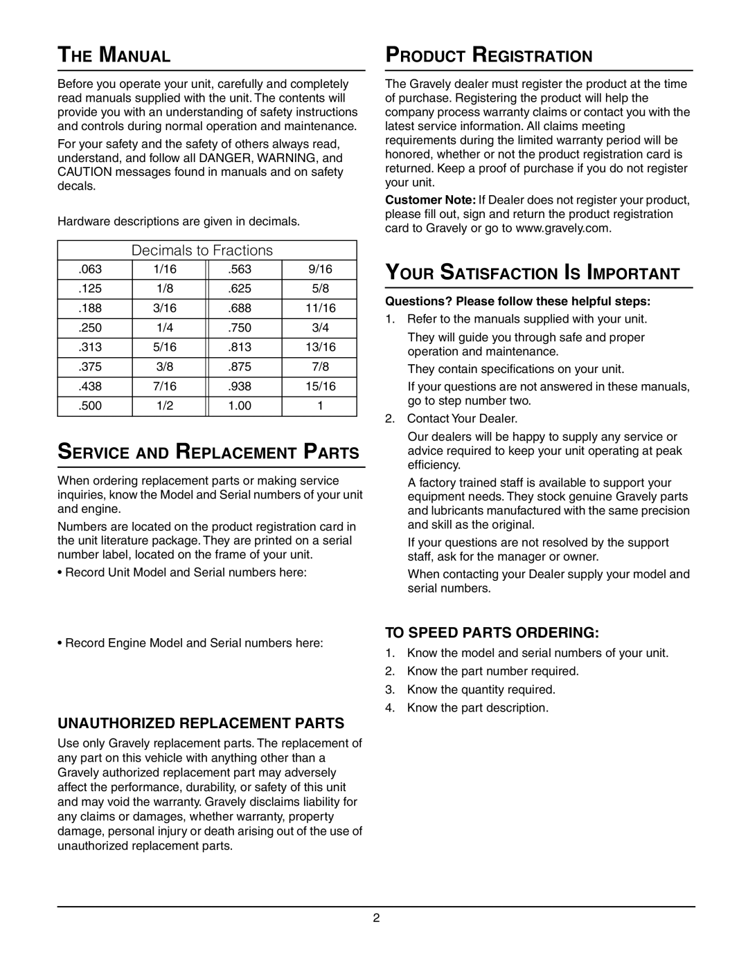 Gravely 992079 23HP-152Z manual Manual, Service and Replacement Parts, Product Registration, Your Satisfaction is Important 