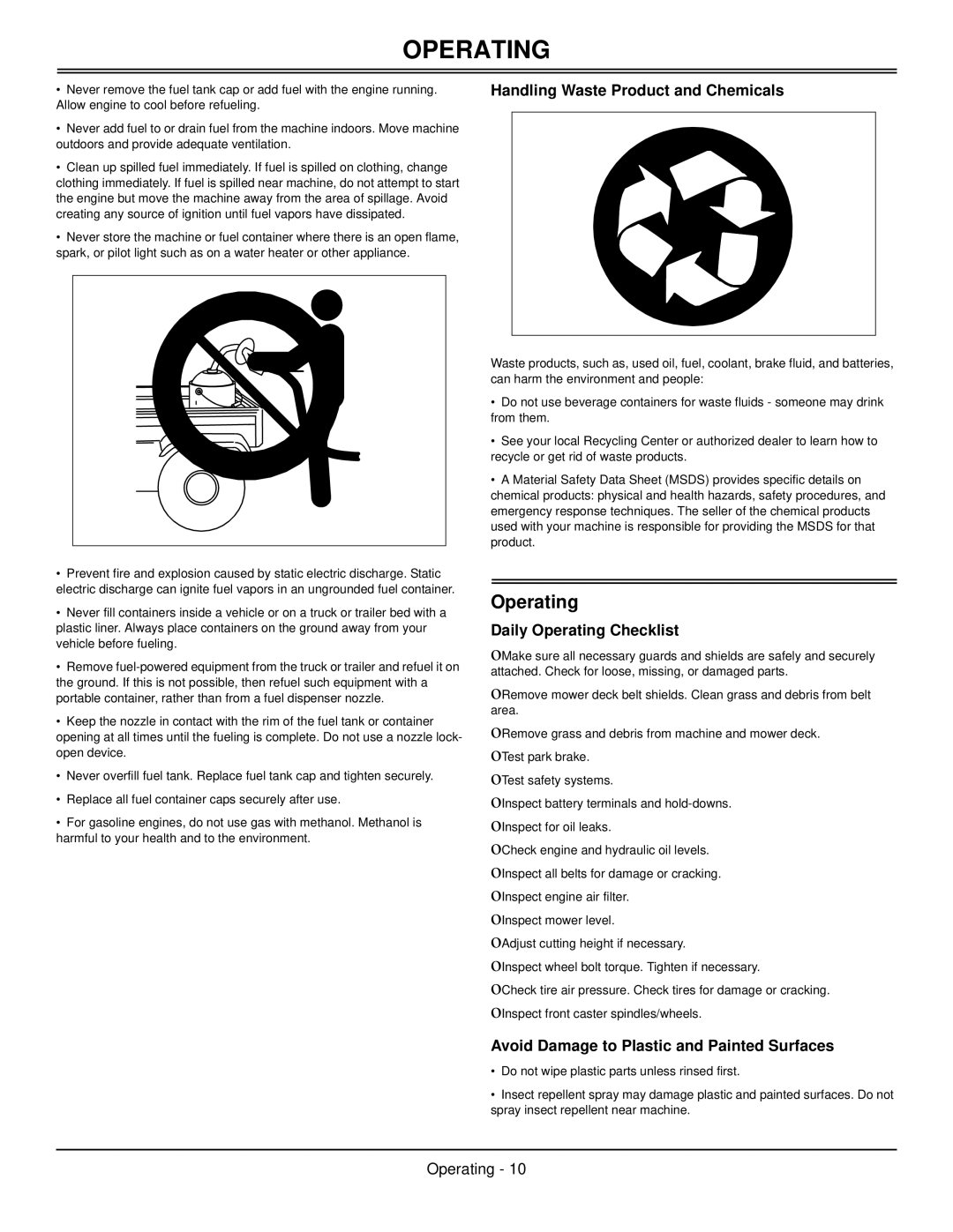 Great Dane GBKH2761S, GBKW2552S, GBKH2752S, GBKW2561S Handling Waste Product and Chemicals, Daily Operating Checklist 