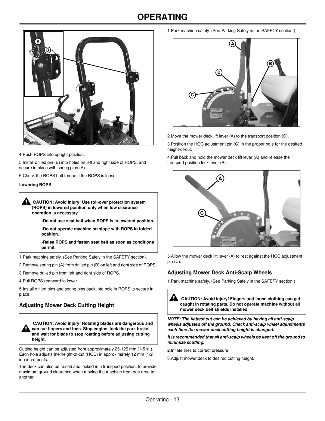 Great Dane GBKW2561S, GBKH2761S, GBKW2552S manual Adjusting Mower Deck Cutting Height, Adjusting Mower Deck Anti-Scalp Wheels 