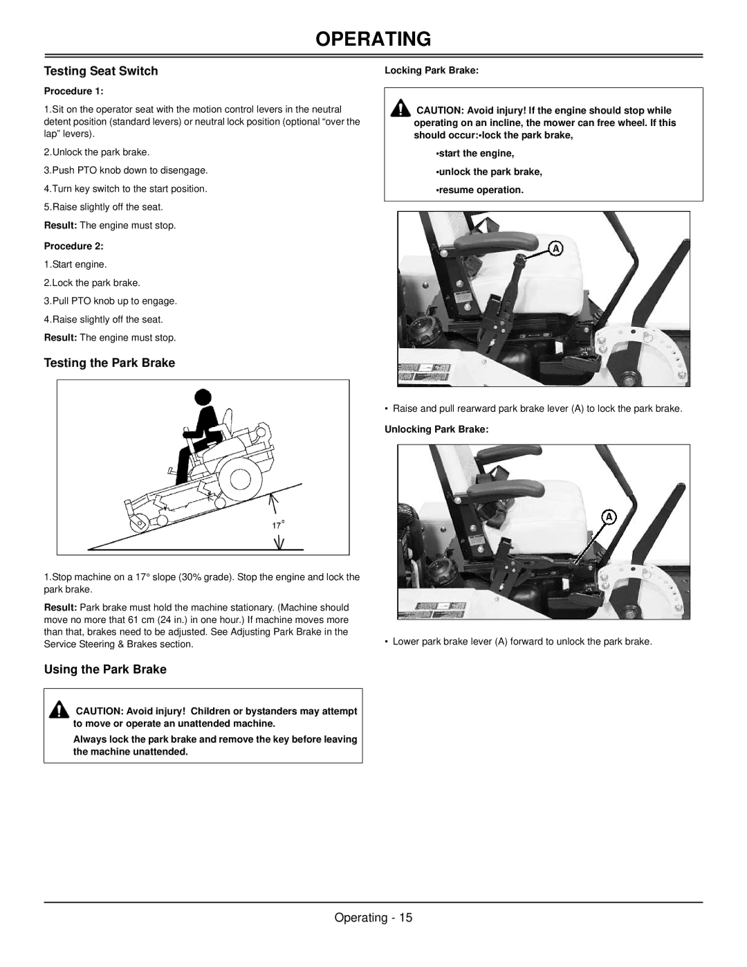 Great Dane GBKW2552S Testing Seat Switch, Testing the Park Brake, Using the Park Brake, Procedure, Unlocking Park Brake 