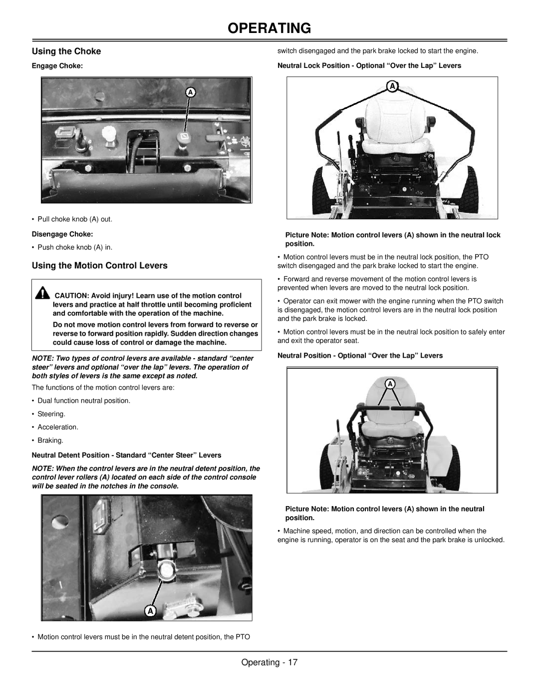 Great Dane GBKW2561S, GBKH2761S, GBKW2552S Using the Choke, Using the Motion Control Levers, Engage Choke, Disengage Choke 