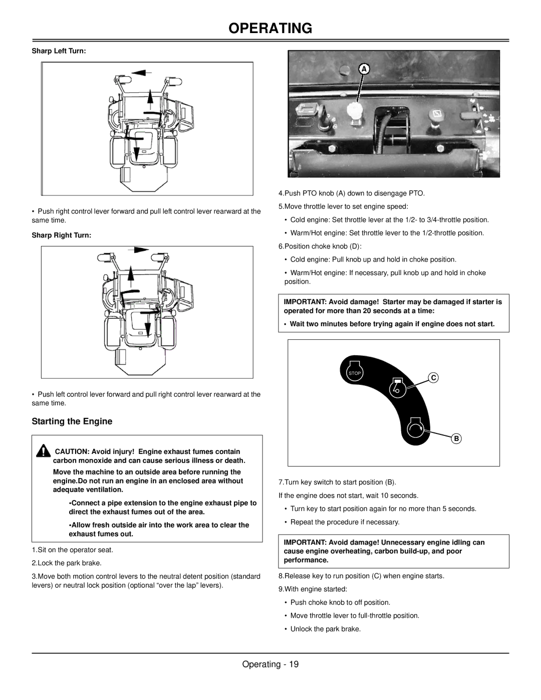 Great Dane GBKW2552S, GBKH2761S, GBKH2752S, GBKW2561S manual Starting the Engine, Sharp Left Turn, Sharp Right Turn 