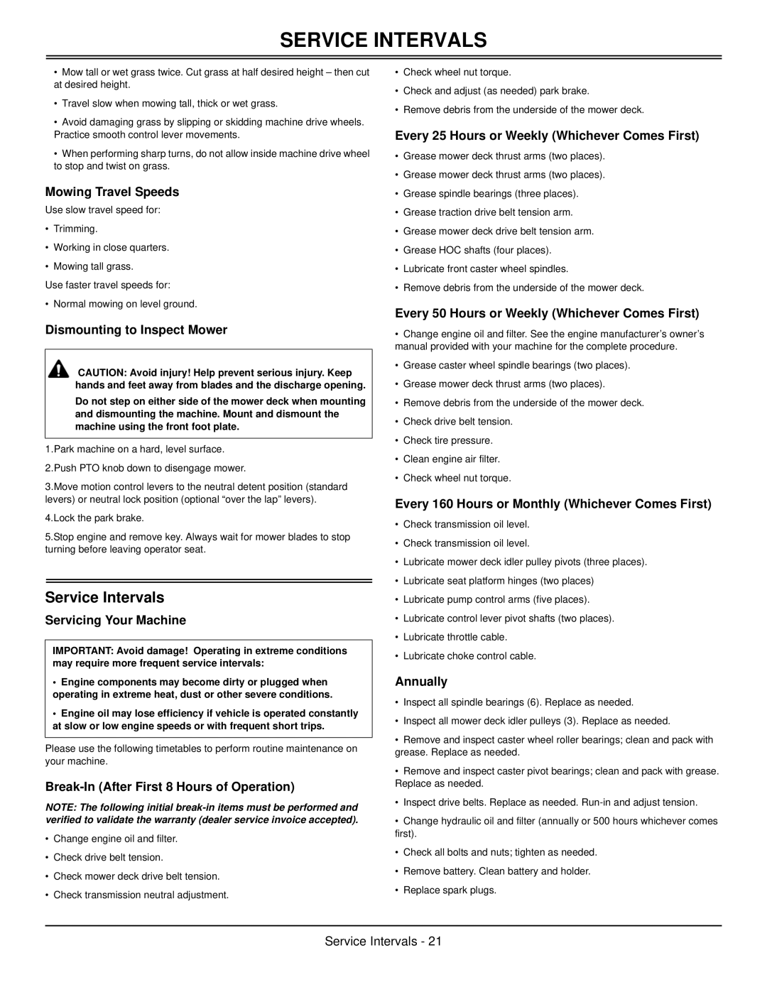 Great Dane GBKW2561S, GBKH2761S, GBKW2552S, GBKH2752S manual Service Intervals 