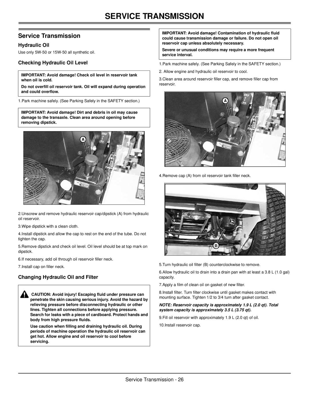 Great Dane GBKH2761S, GBKW2552S Service Transmission, Checking Hydraulic Oil Level, Changing Hydraulic Oil and Filter 