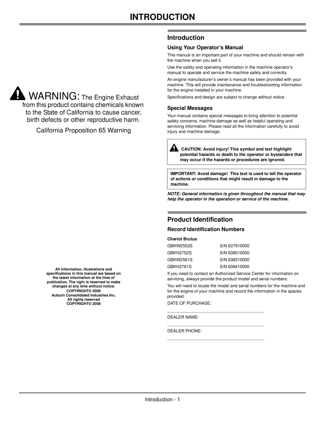 Great Dane GBKW2561S, GBKH2761S, GBKW2552S, GBKH2752S manual Introduction, Product Identification 