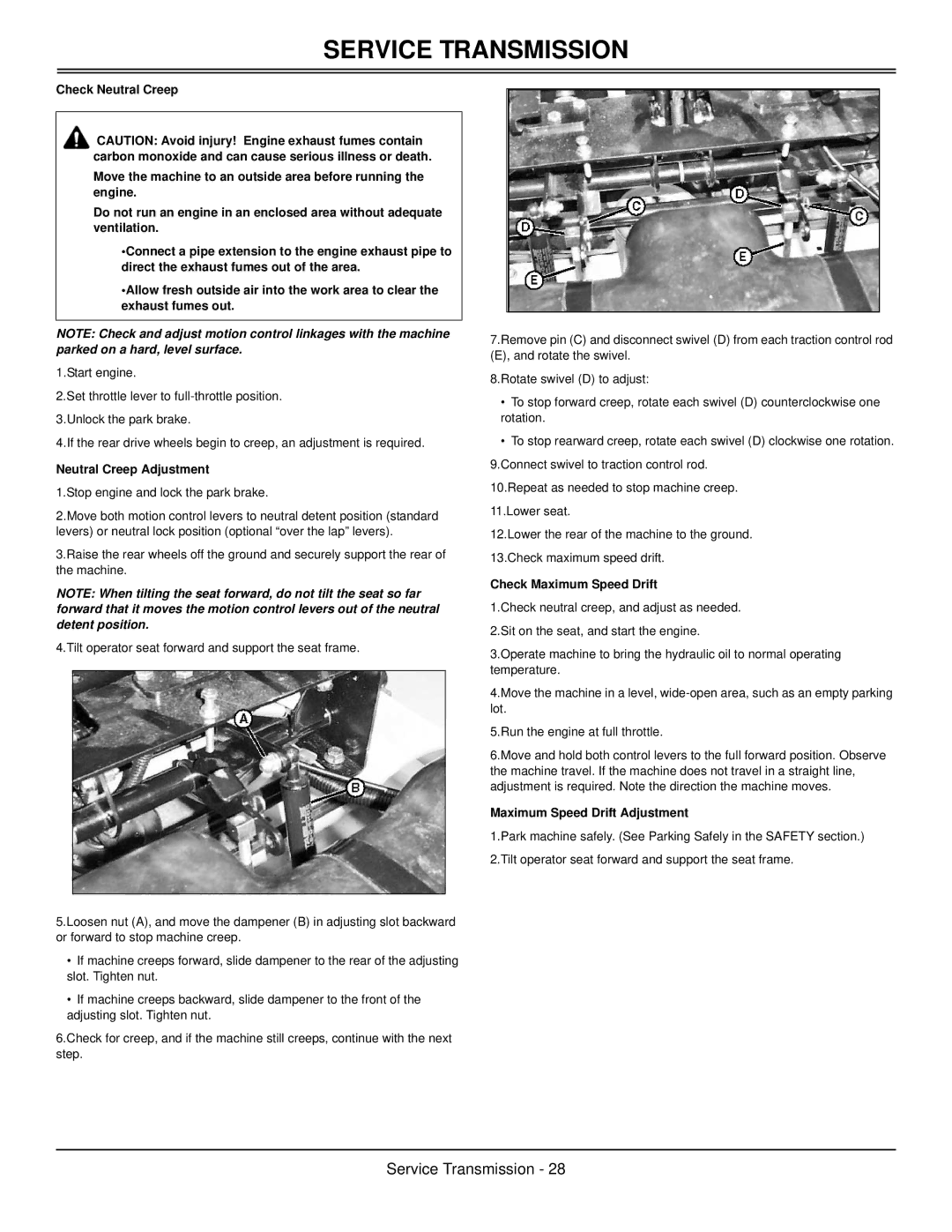 Great Dane GBKH2752S, GBKH2761S manual Neutral Creep Adjustment, Check Maximum Speed Drift, Maximum Speed Drift Adjustment 