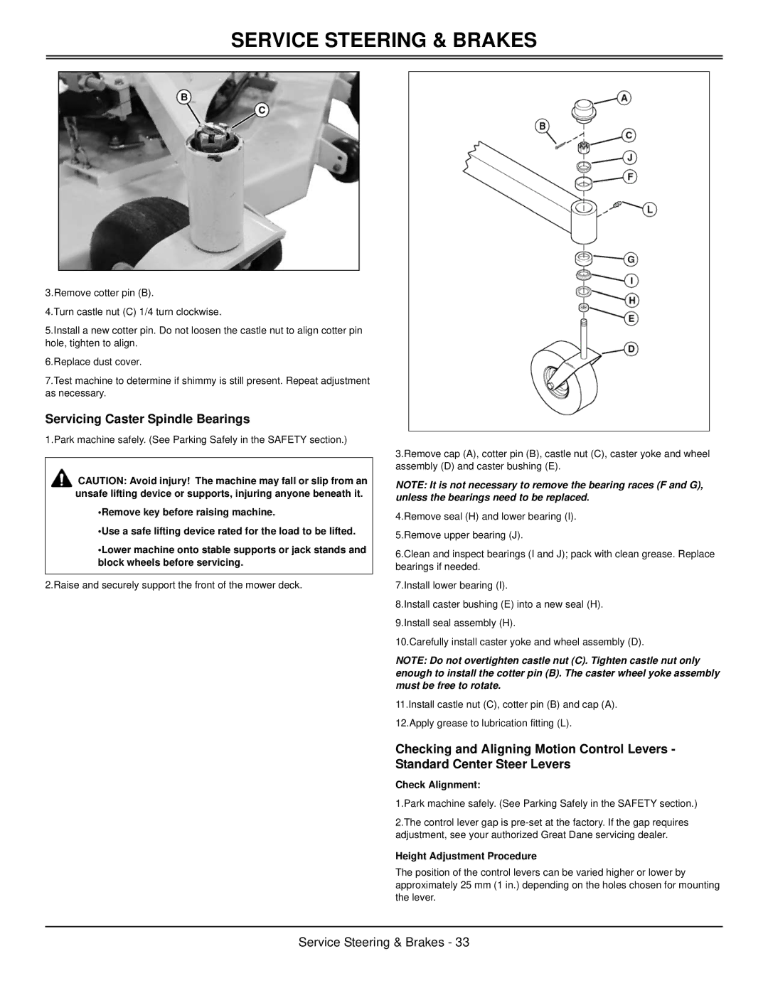 Great Dane GBKW2561S, GBKH2761S, GBKW2552S Servicing Caster Spindle Bearings, Check Alignment, Height Adjustment Procedure 