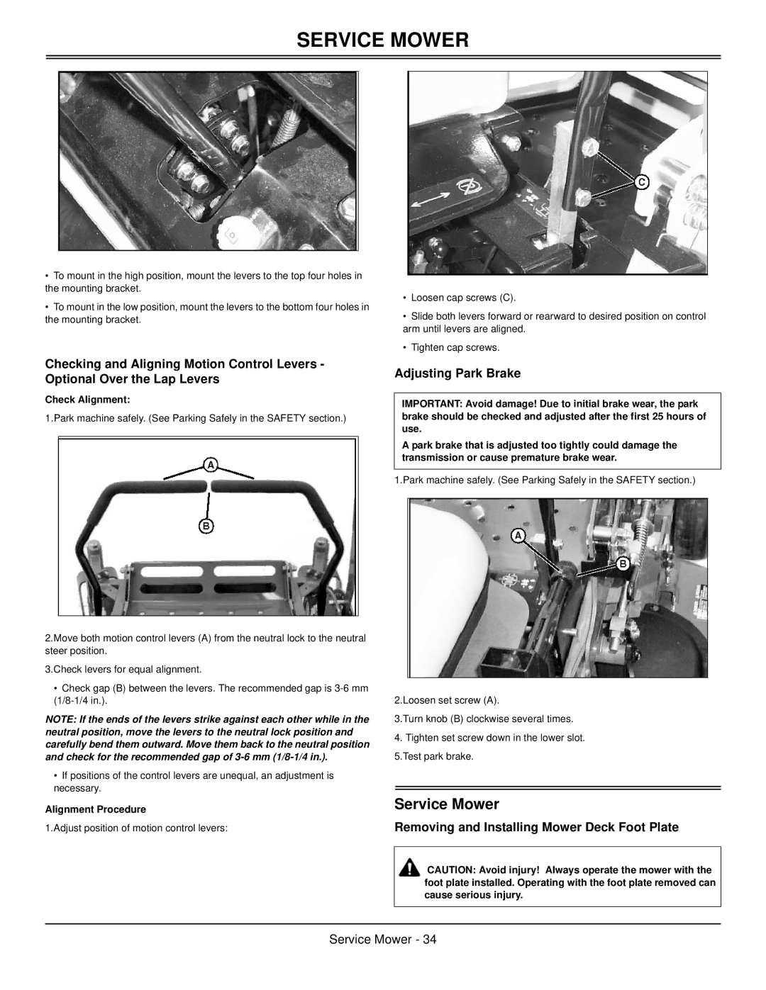 Great Dane GBKH2761S, GBKW2552S manual Service Mower, Adjusting Park Brake, Removing and Installing Mower Deck Foot Plate 