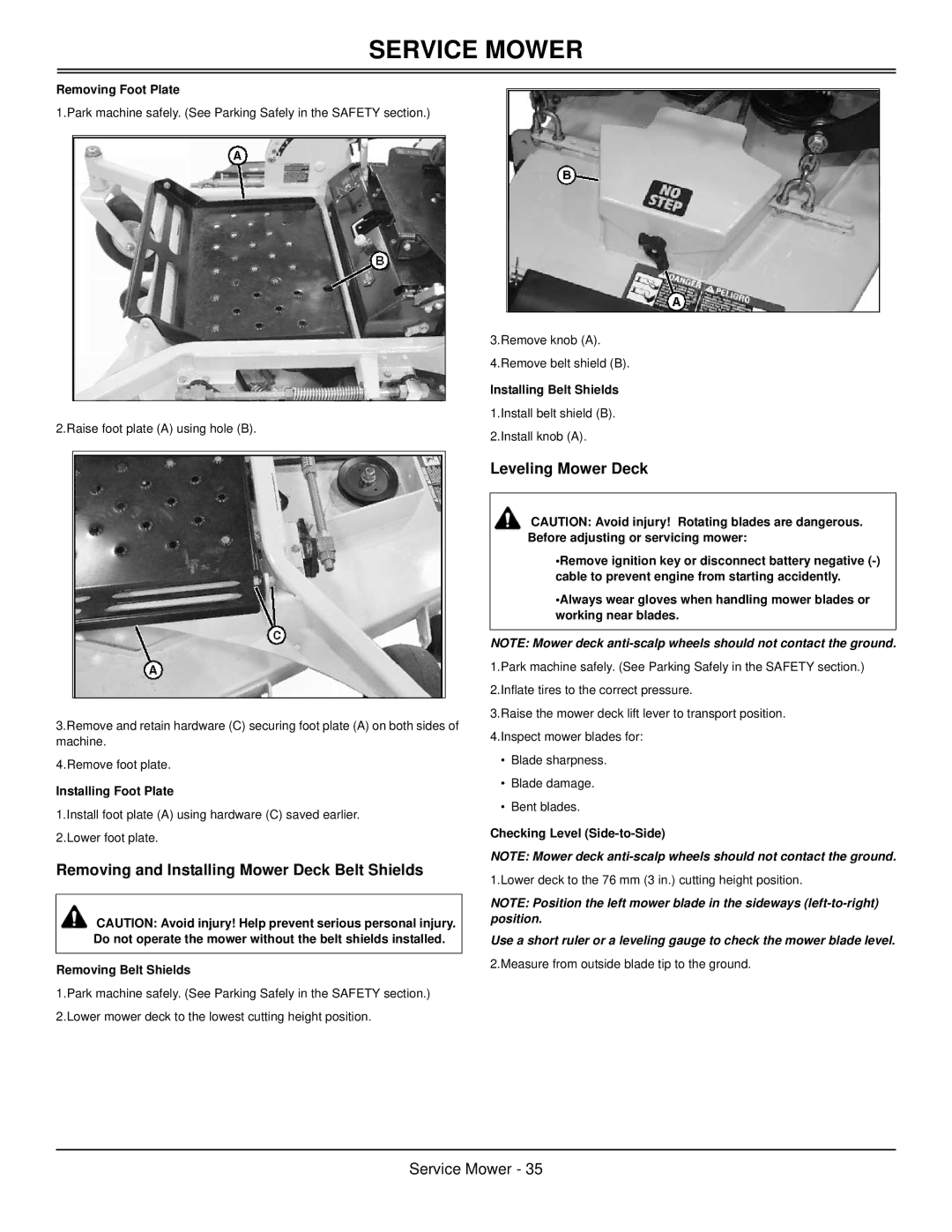 Great Dane GBKW2552S, GBKH2761S, GBKH2752S, GBKW2561S Removing and Installing Mower Deck Belt Shields, Leveling Mower Deck 