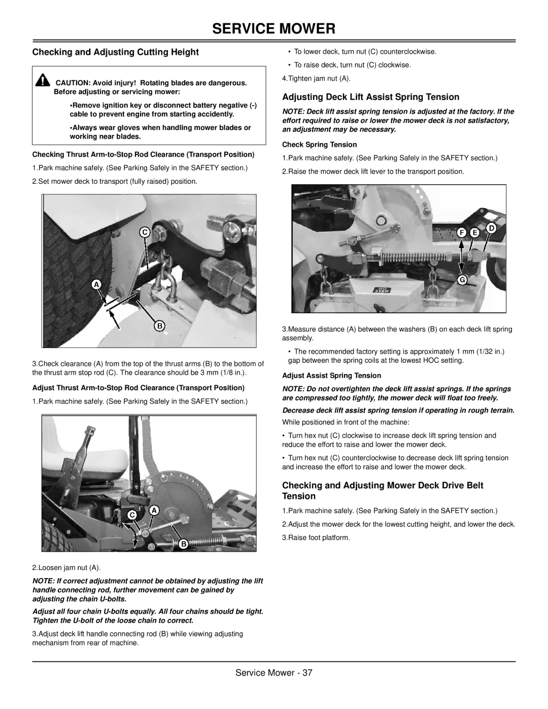 Great Dane GBKW2561S, GBKH2761S, GBKW2552S Checking and Adjusting Cutting Height, Adjusting Deck Lift Assist Spring Tension 