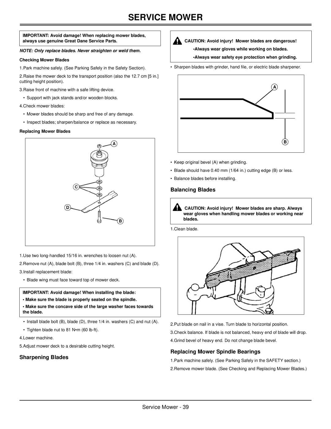 Great Dane GBKW2552S manual Sharpening Blades, Balancing Blades, Replacing Mower Spindle Bearings, Replacing Mower Blades 