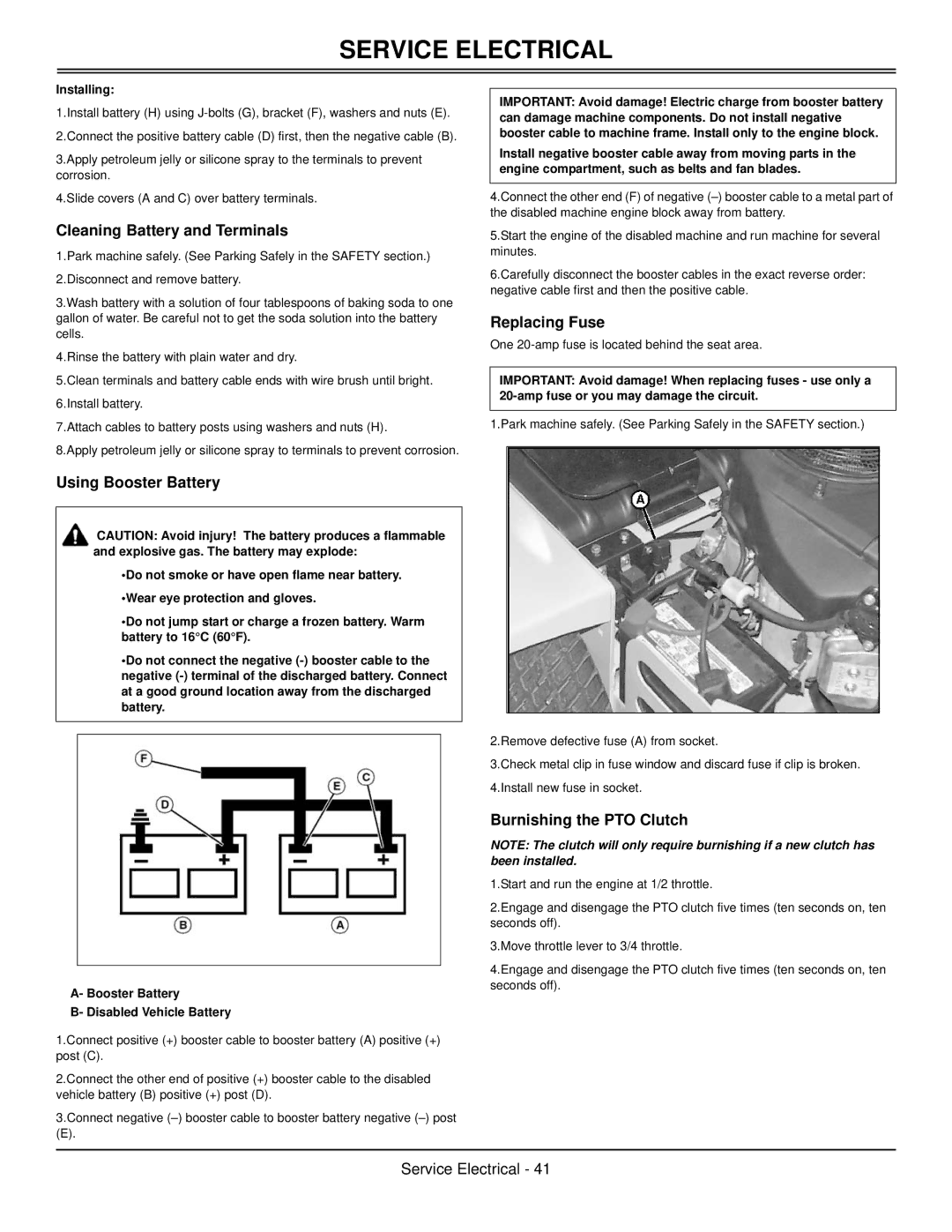 Great Dane GBKW2561S Cleaning Battery and Terminals, Using Booster Battery, Replacing Fuse, Burnishing the PTO Clutch 