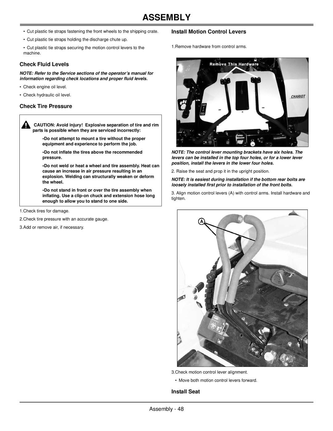 Great Dane GBKH2752S manual Assembly, Check Fluid Levels, Check Tire Pressure, Install Motion Control Levers, Install Seat 