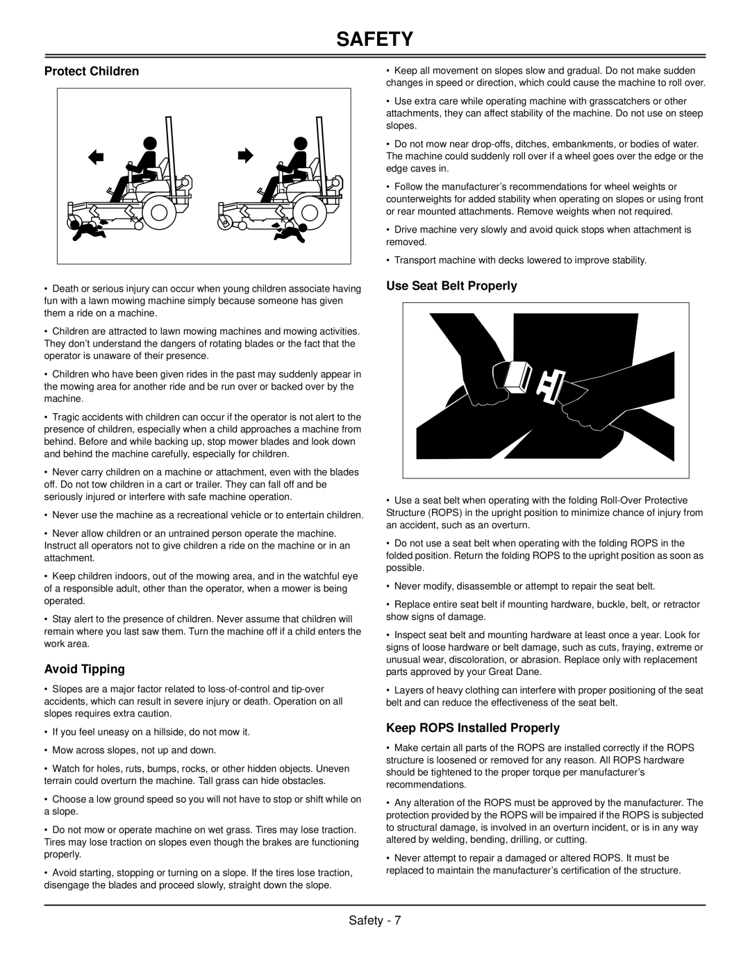 Great Dane GBKW2552S, GBKH2761S manual Protect Children, Avoid Tipping, Use Seat Belt Properly, Keep Rops Installed Properly 