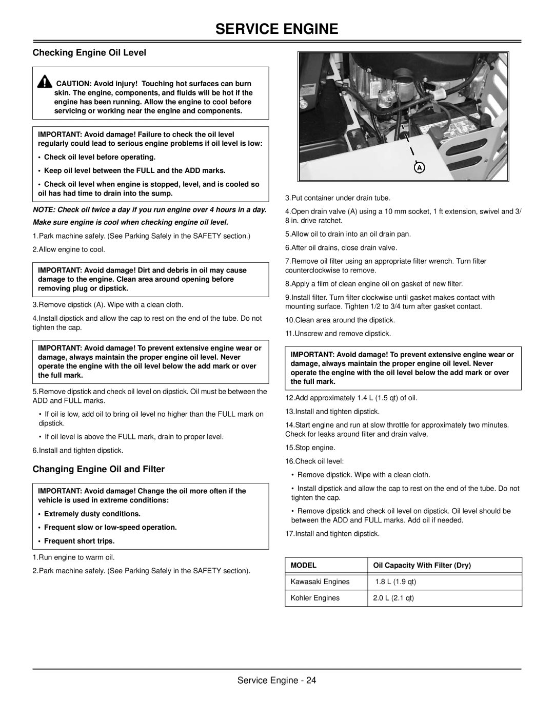 Great Dane GCKA1948S, GCBV2361S Checking Engine Oil Level, Changing Engine Oil and Filter, Oil Capacity With Filter Dry 