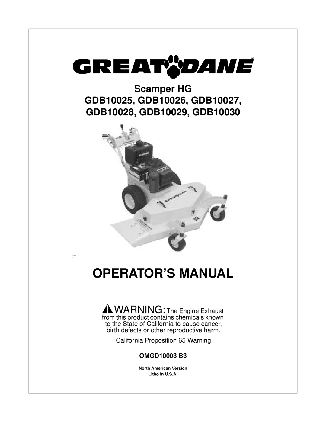 Great Dane GDB10027, GDB10025, GDB10028, GDB10026, GDB10030, GDB10029 manual OPERATOR’S Manual, OMGD10003 B3 