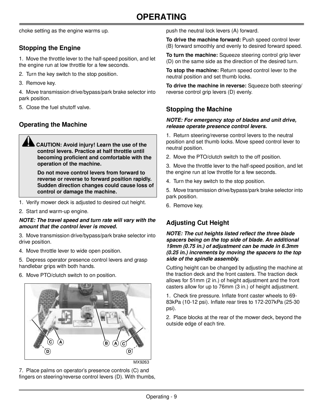 Great Dane GDB10025, GDB10027 manual Stopping the Engine, Operating the Machine, Stopping the Machine, Adjusting Cut Height 