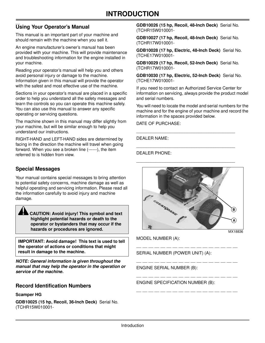 Great Dane GDB10028, GDB10025 Introduction, Using Your Operator’s Manual, Special Messages, Record Identification Numbers 