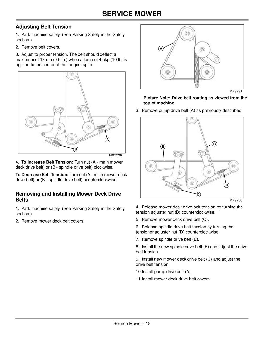 Great Dane GDB10026, GDB10025 manual Service Mower, Adjusting Belt Tension, Removing and Installing Mower Deck Drive Belts 