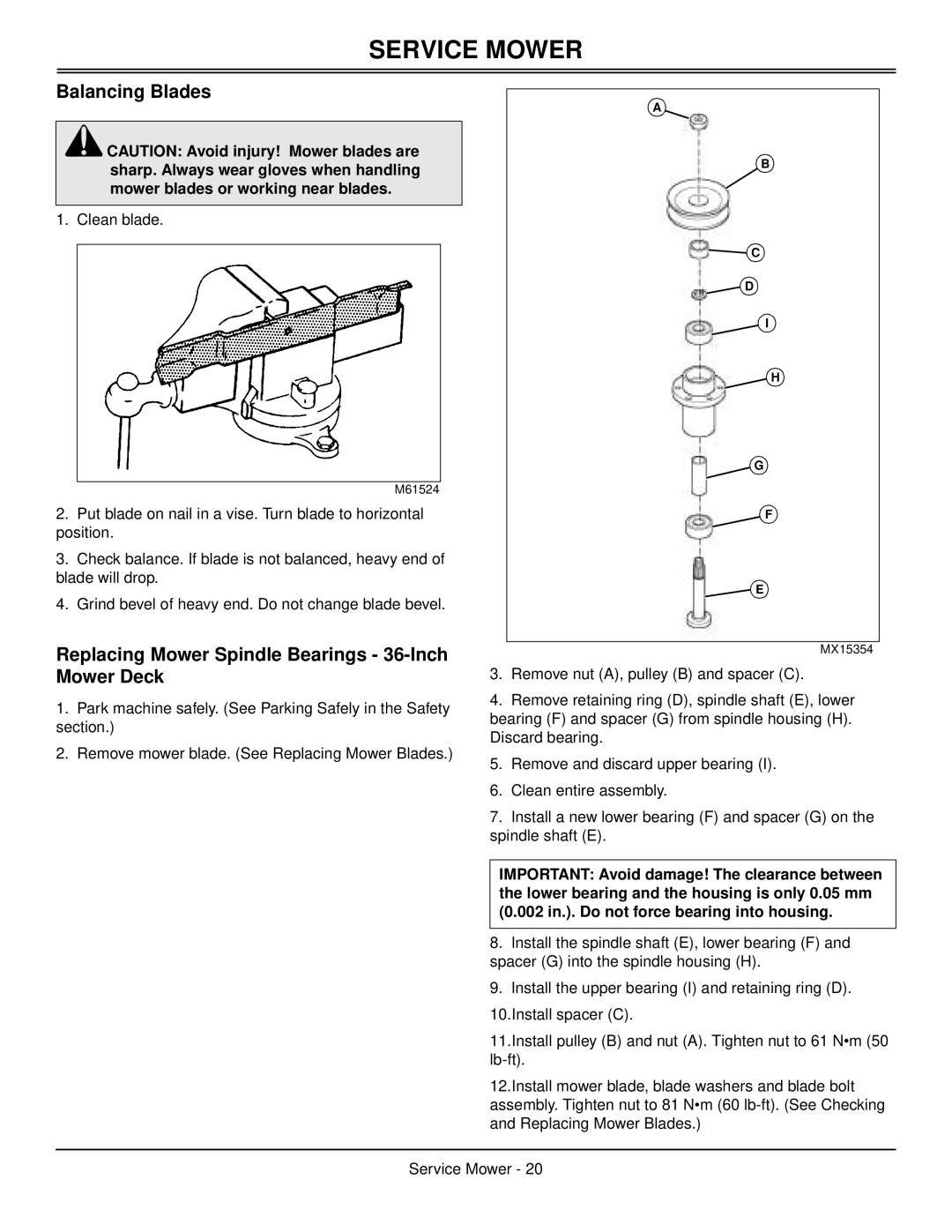 Great Dane GDB10029, GDB10025, GDB10027, GDB10028 manual Balancing Blades, Replacing Mower Spindle Bearings 36-Inch Mower Deck 