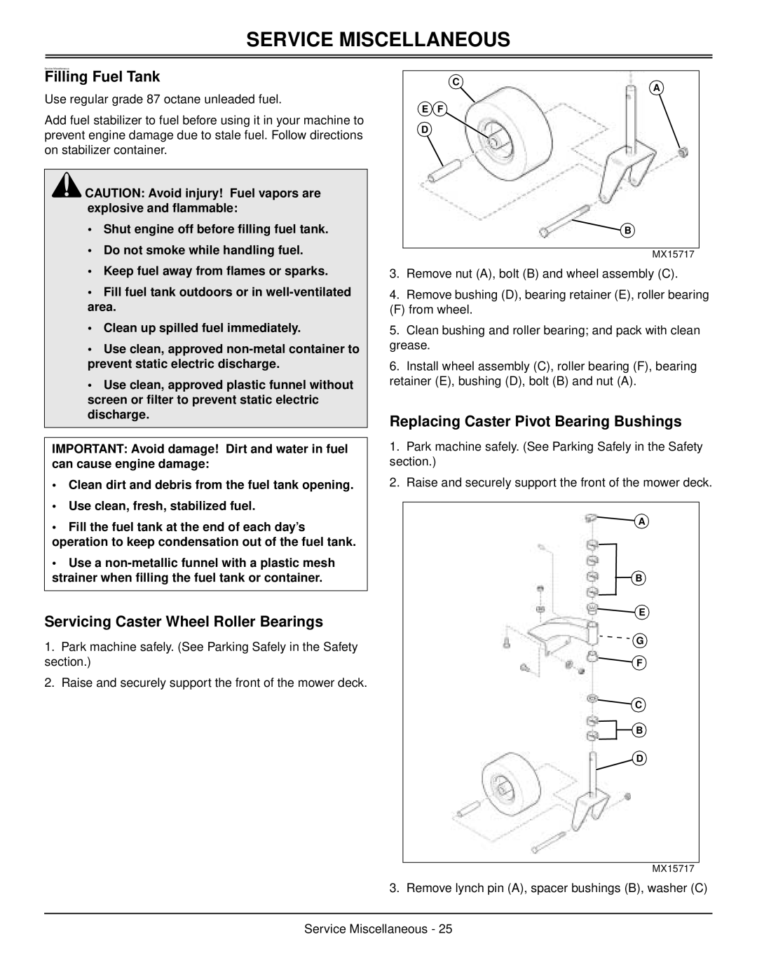 Great Dane GDB10030, GDB10025, GDB10027 Service Miscellaneous, Filling Fuel Tank, Servicing Caster Wheel Roller Bearings 