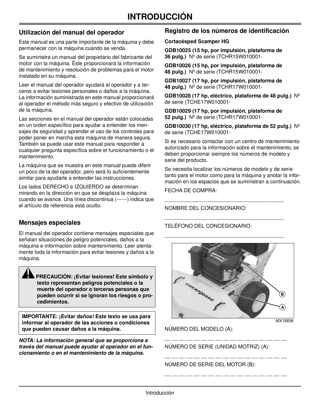 Great Dane GDB10025, GDB10027, GDB10028, GDB10026 Introducción, Utilización del manual del operador, Mensajes especiales 