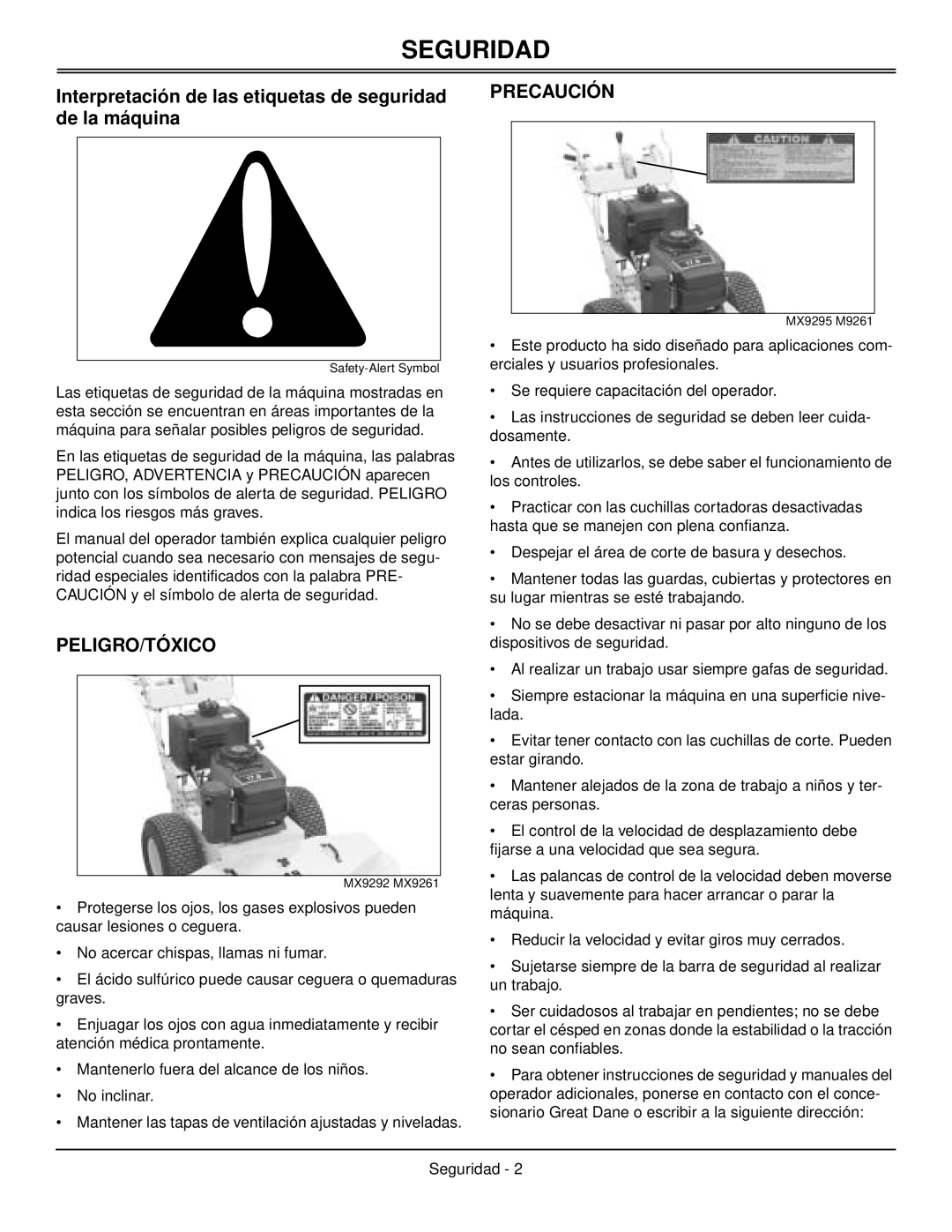 Great Dane GDB10026, GDB10025, GDB10027, GDB10028 manual Seguridad, Interpretación de las etiquetas de seguridad de la máquina 