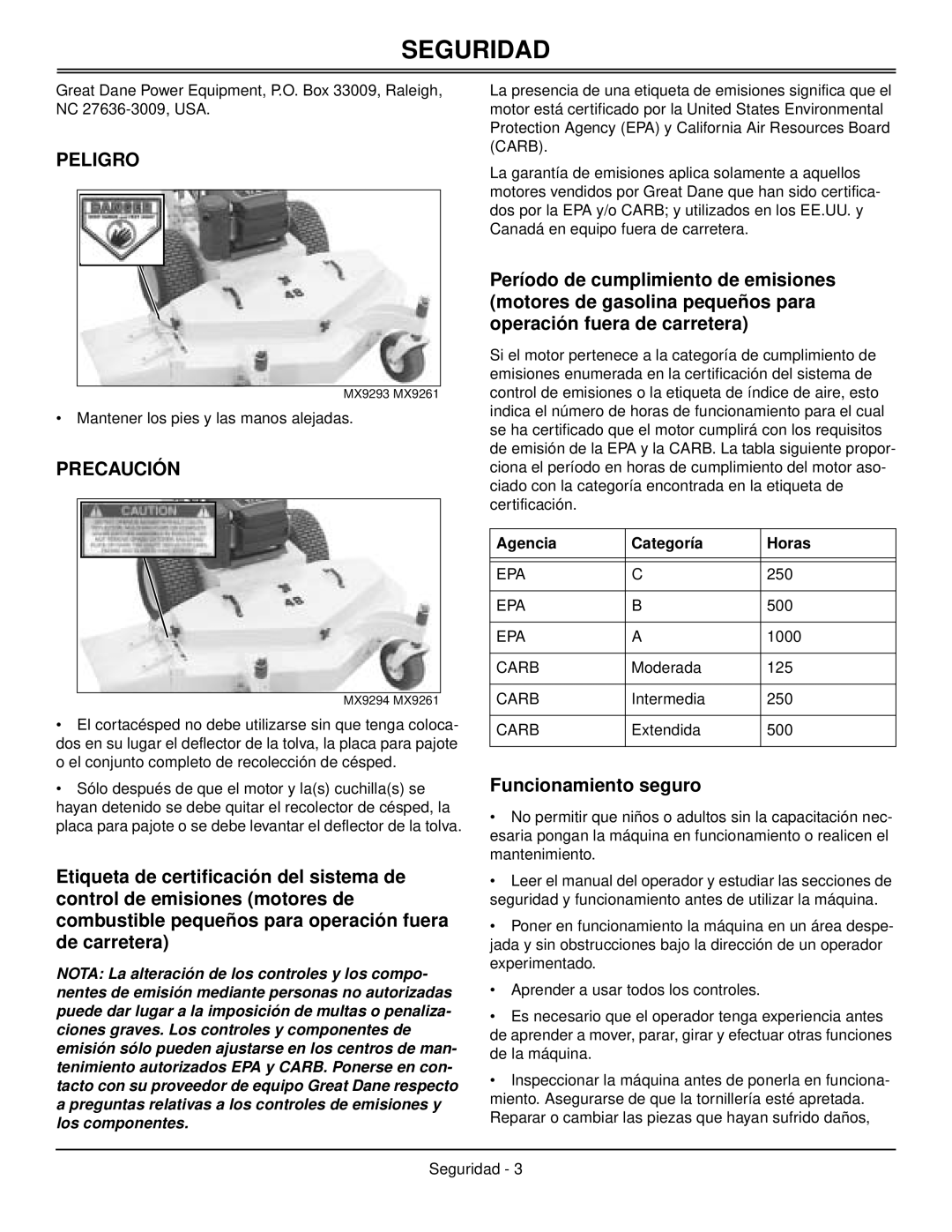 Great Dane GDB10030, GDB10025, GDB10027, GDB10028, GDB10026, GDB10029 manual Funcionamiento seguro, Agencia Categoría Horas 