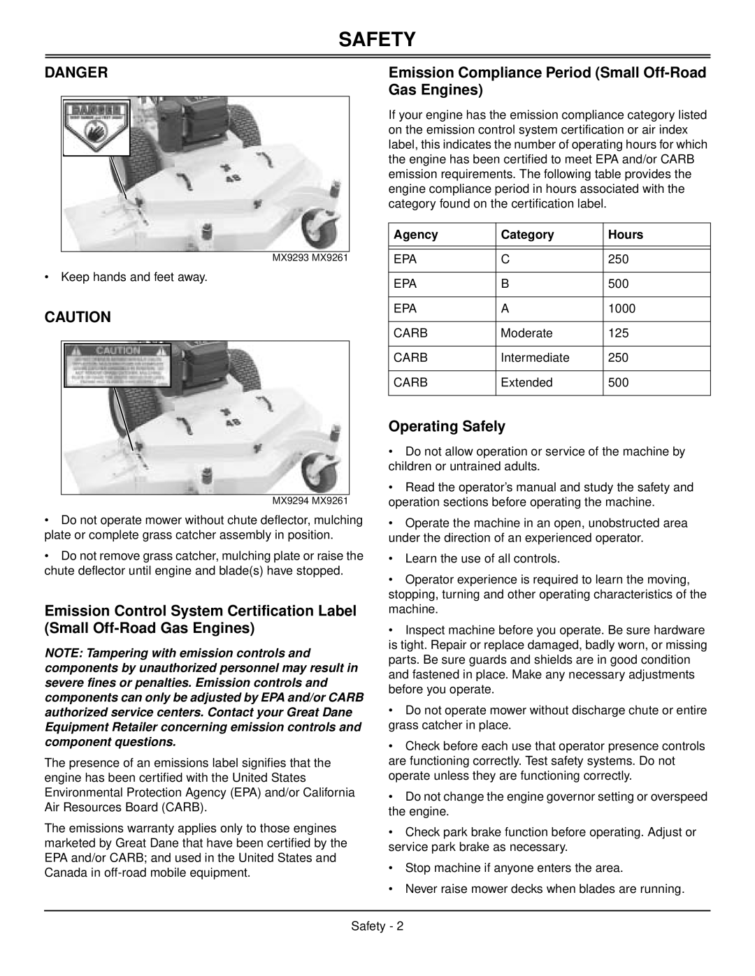 Great Dane GDB10029 manual Emission Compliance Period Small Off-Road Gas Engines, Operating Safely, Agency Category Hours 