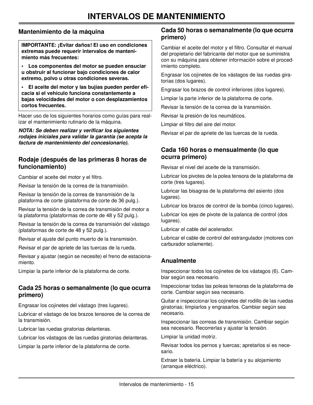 Great Dane GDB10030, GDB10025, GDB10027, GDB10028, GDB10026, GDB10029 manual Intervalos DE Mantenimiento 