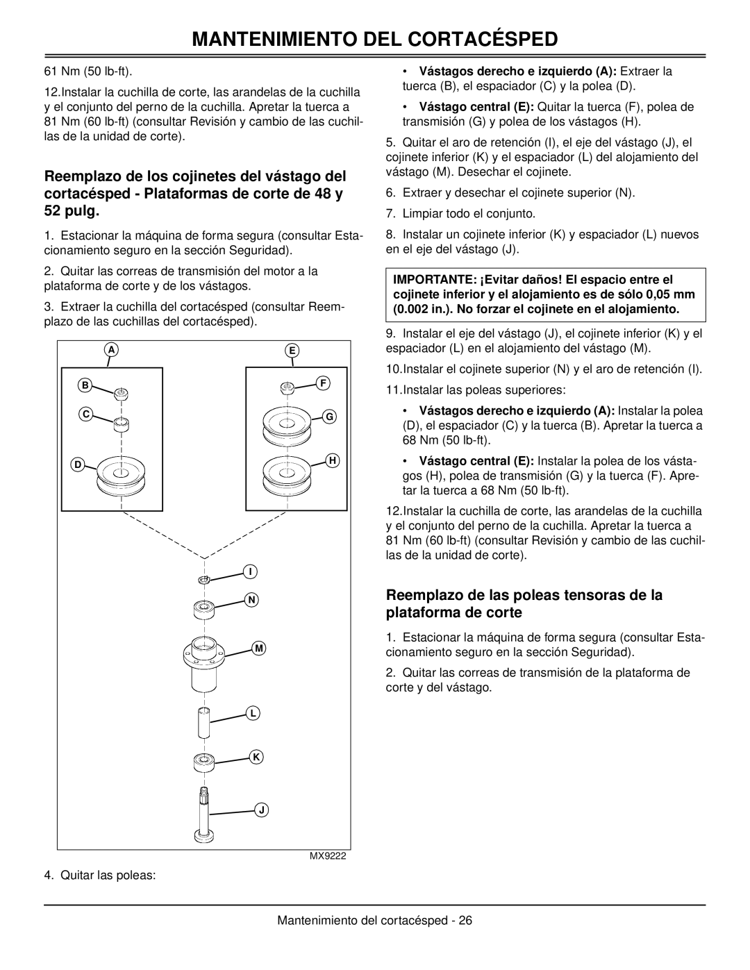 Great Dane GDB10026, GDB10025, GDB10027, GDB10028, GDB10030 manual Reemplazo de las poleas tensoras de la plataforma de corte 