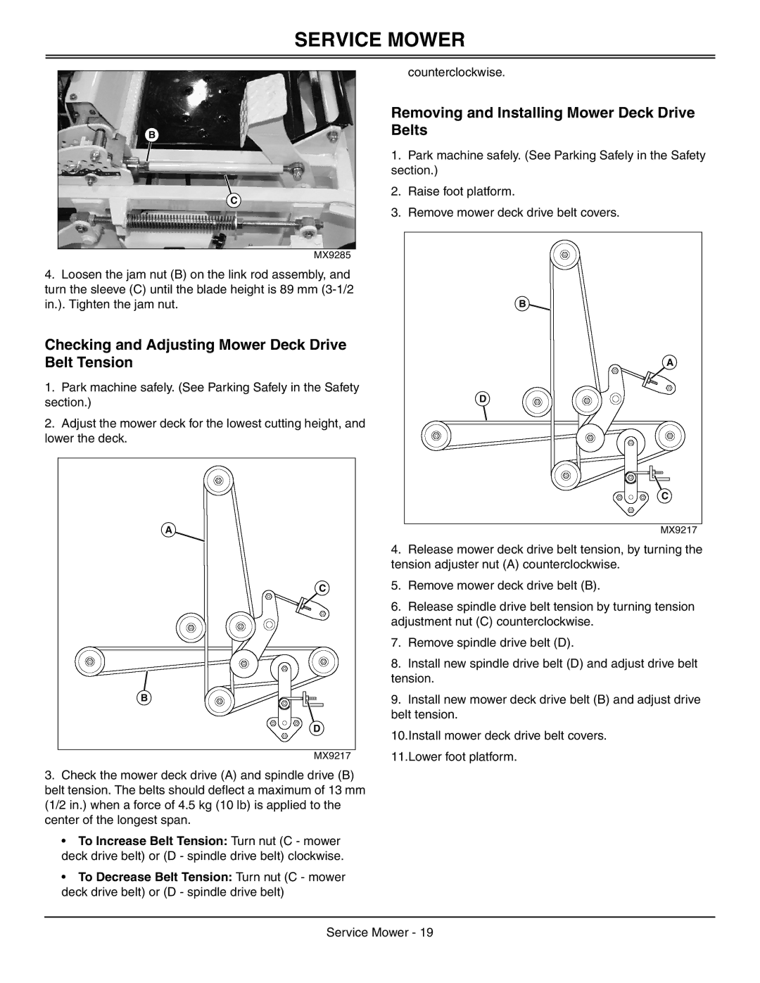 Great Dane GDRZ26KHE Checking and Adjusting Mower Deck Drive Belt Tension, Removing and Installing Mower Deck Drive Belts 