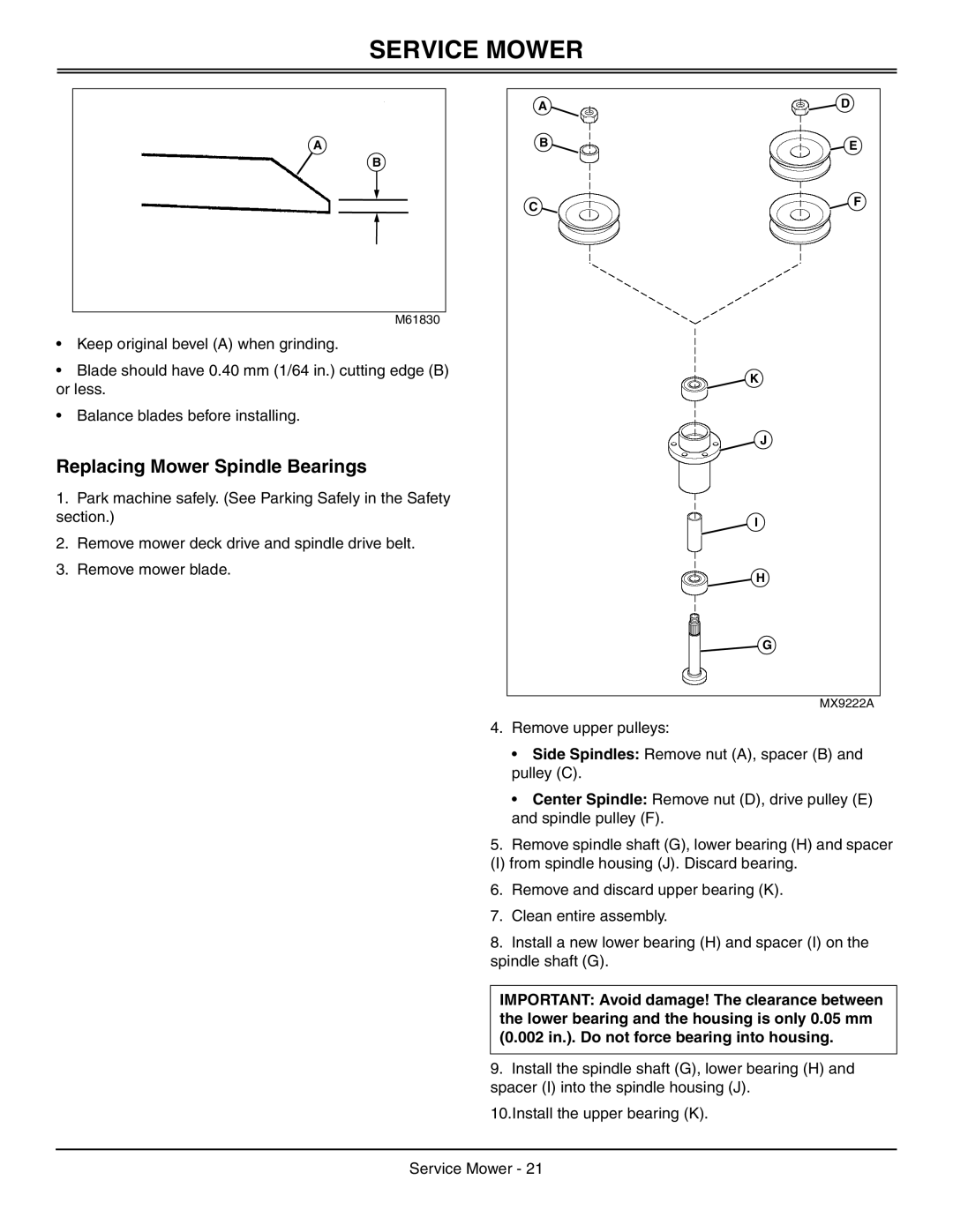 Great Dane GDRZ25KHE, GDRZ26KHE, GDRZ25KAE manual Replacing Mower Spindle Bearings 