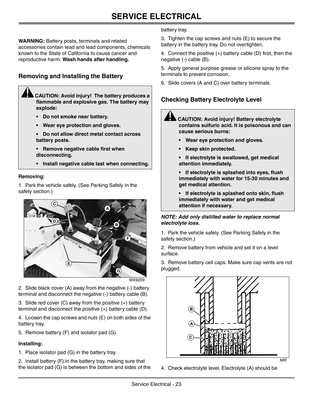 Great Dane GDRZ25KAE manual Service Electrical, Removing and Installing the Battery, Checking Battery Electrolyte Level 